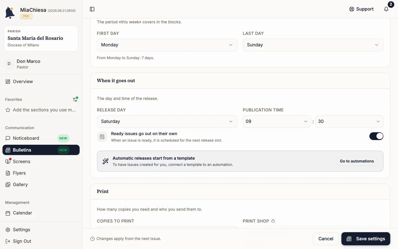 Bulletin settings with release day and automatic release