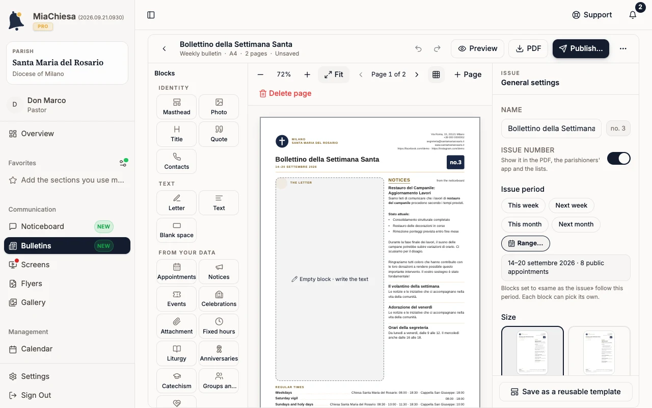 Bulletin composer with the Publish… command