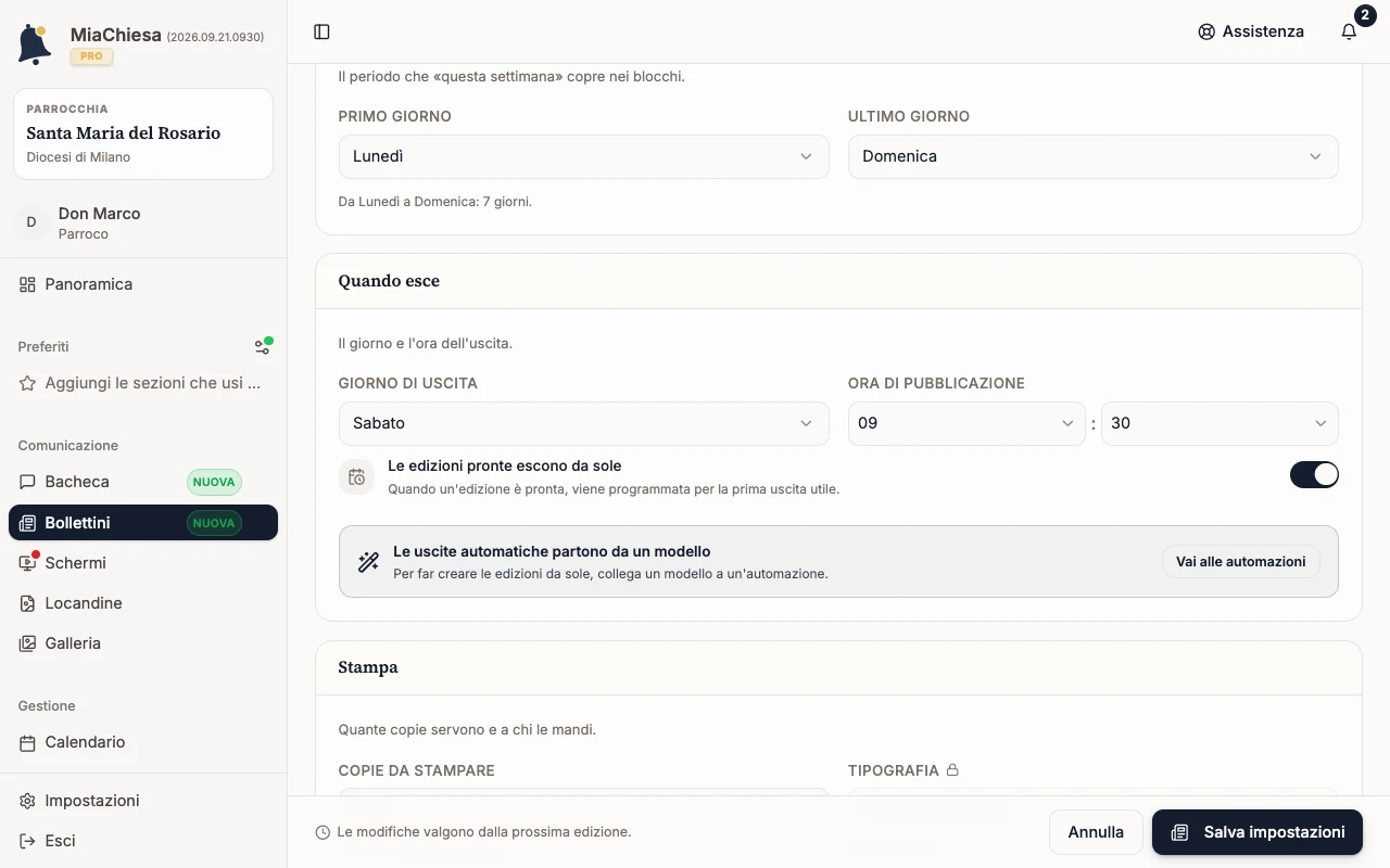 Impostazioni del bollettino con giorno di uscita e uscita automatica