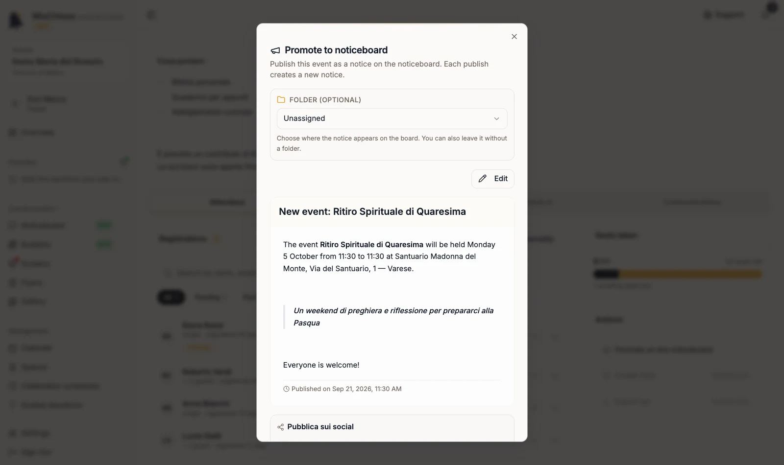 Promote to noticeboard dialog with the event notice preview