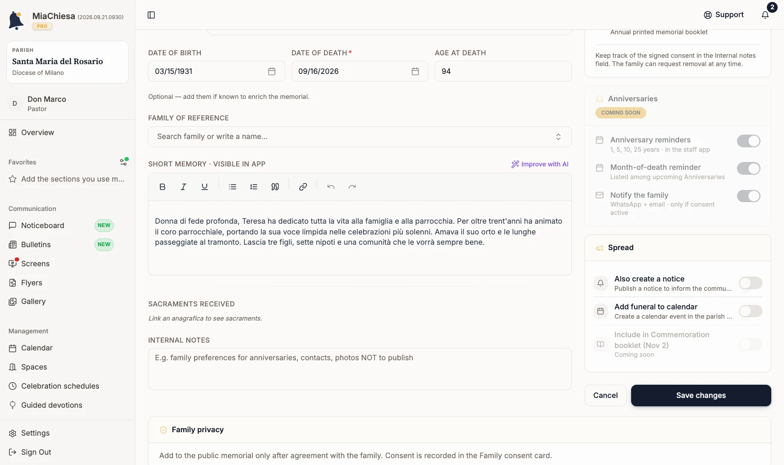 Spread panel with Also create a notice switched off