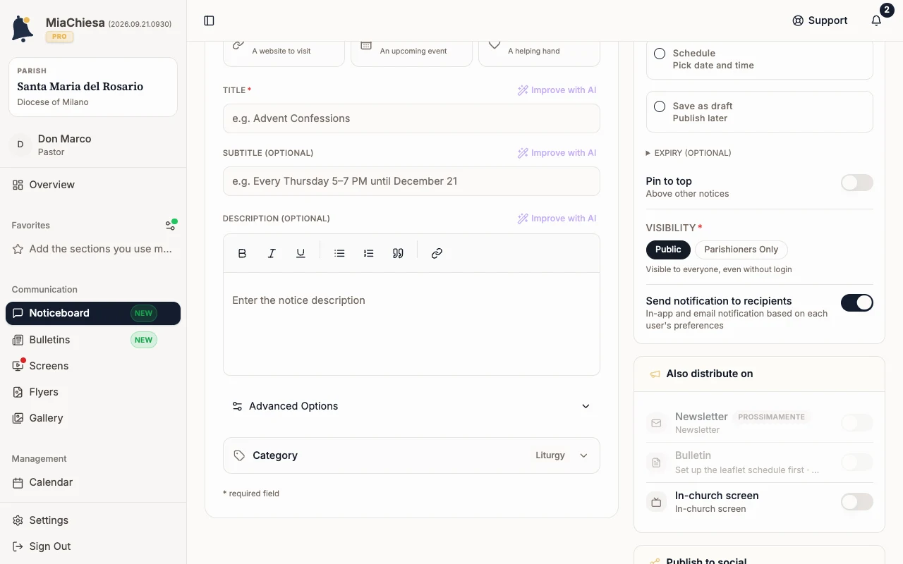 Publication box with Now, Schedule, Save as draft and Send notification to recipients