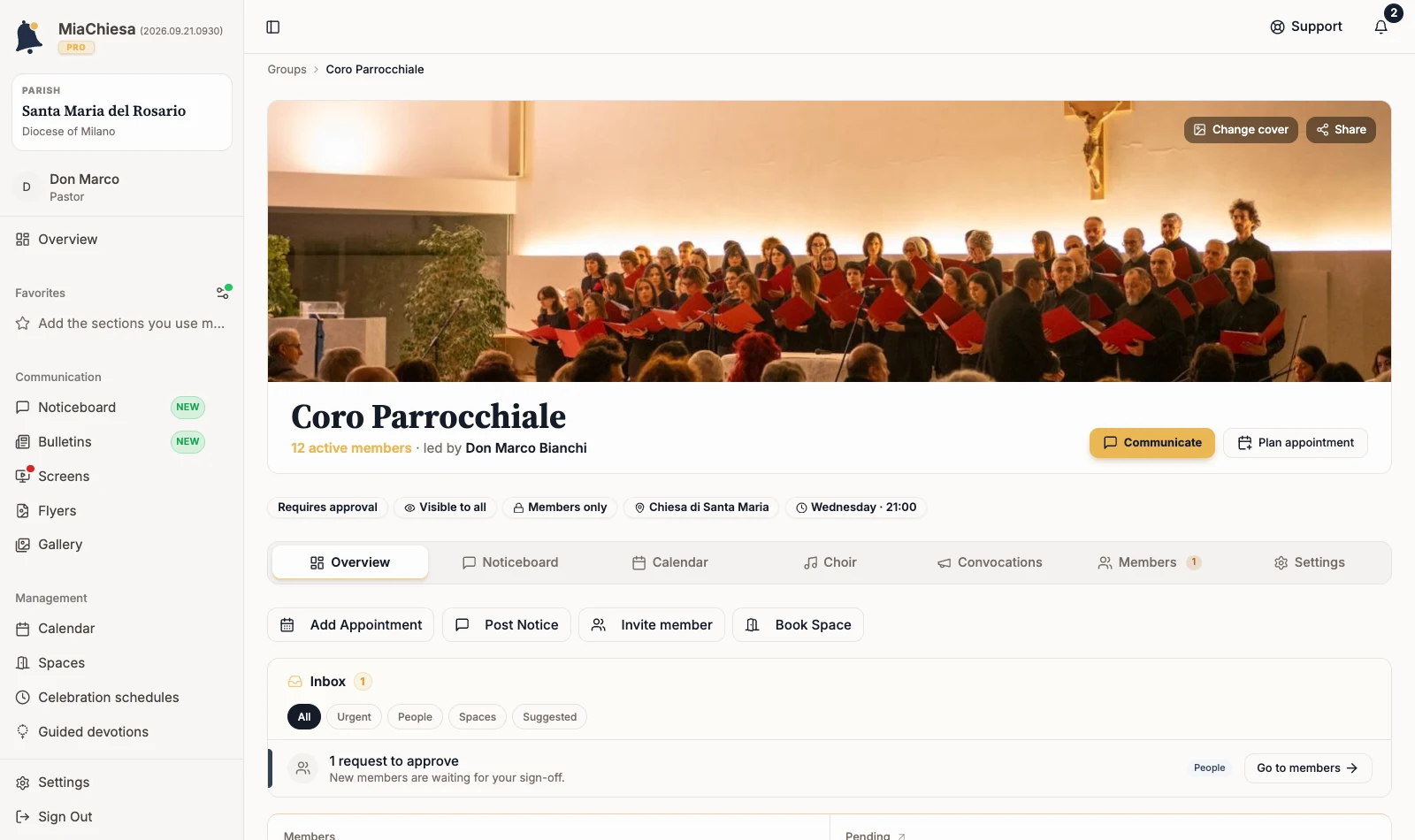 Parish Choir group page with the Noticeboard tab