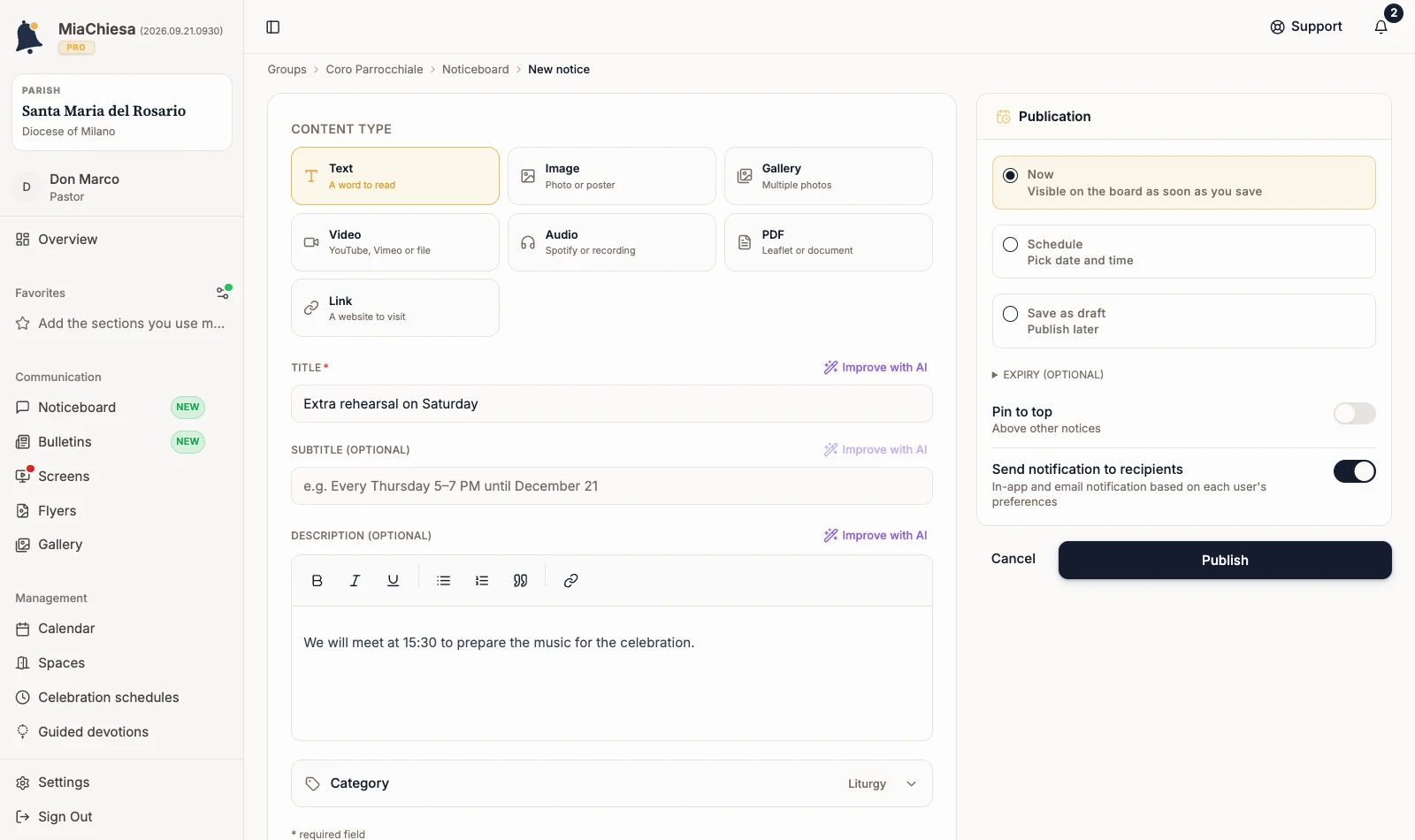 New notice editor with a filled title and text beside the Publication panel