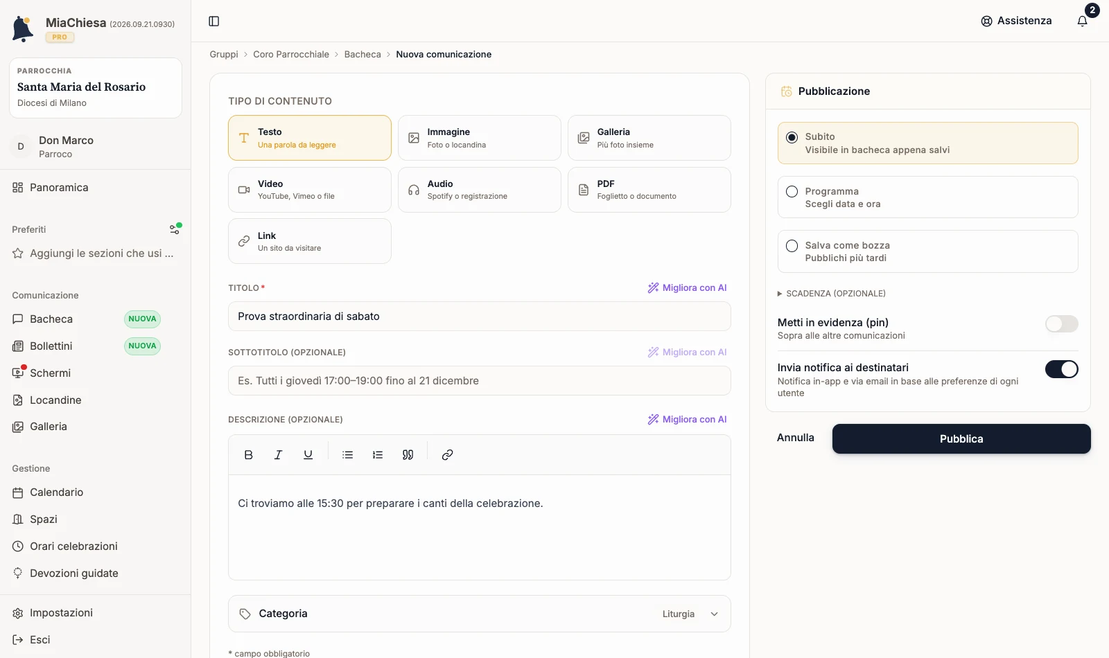 Editor Nuova comunicazione con titolo e testo compilati e pannello Pubblicazione