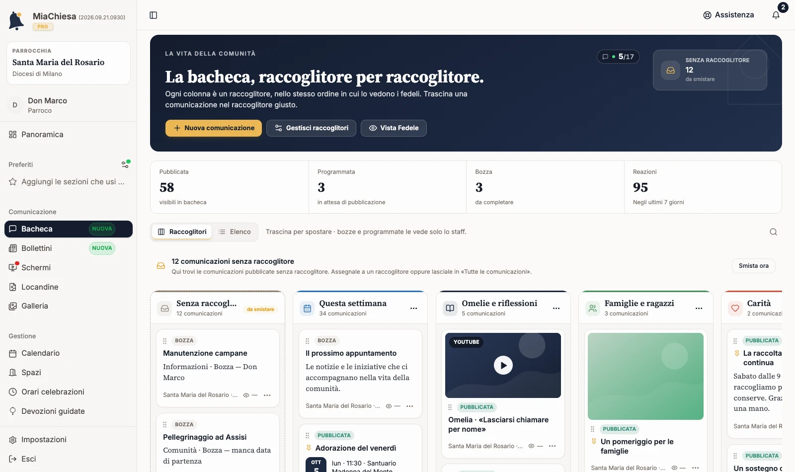 Bacheca dello staff organizzata per raccoglitori