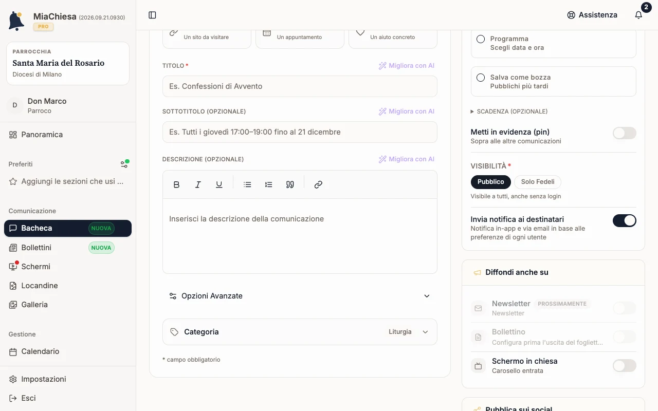 Riquadro Pubblicazione con Subito, Programma, Salva come bozza e Invia notifica ai destinatari