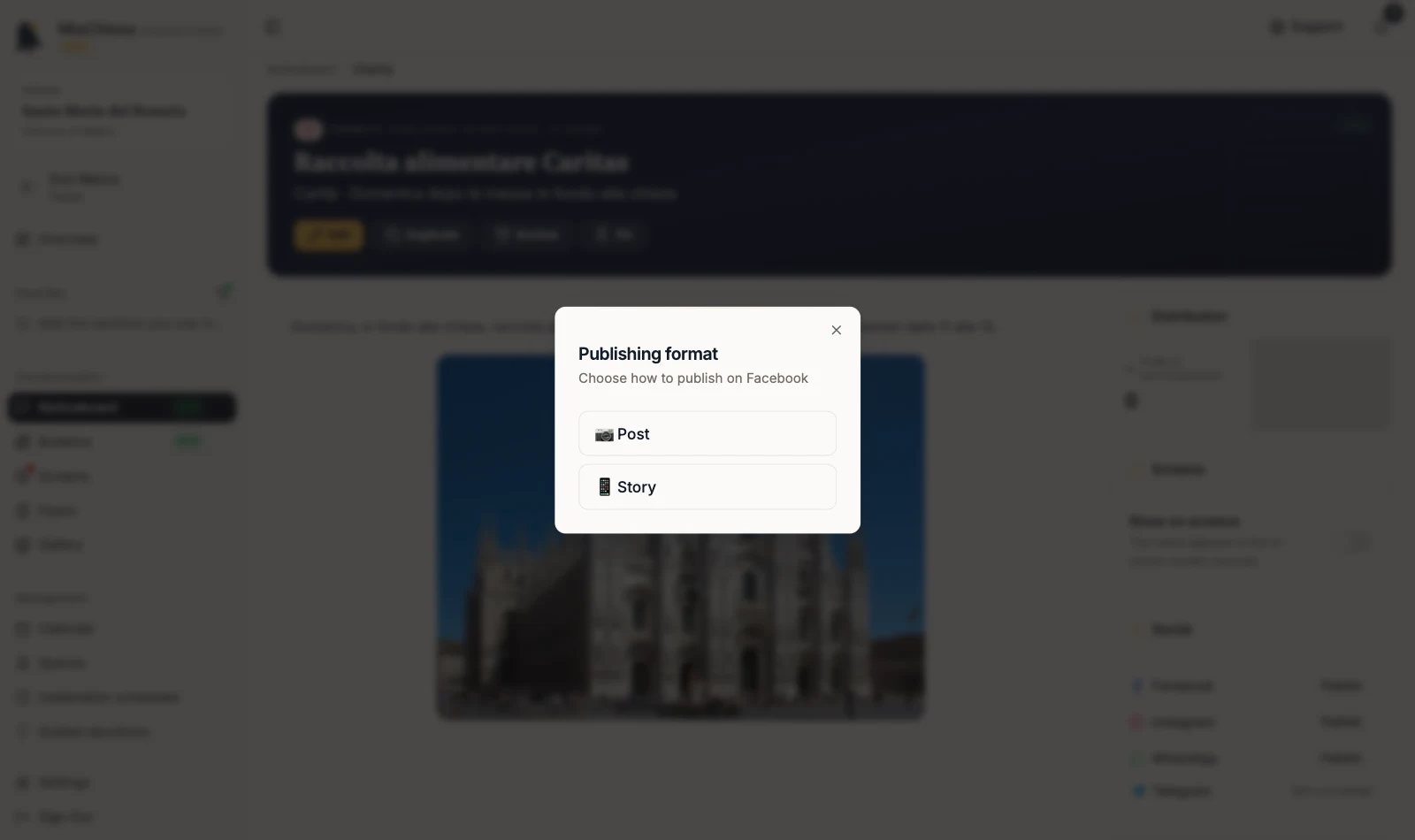 Publishing format dialog with the Post and Story choices