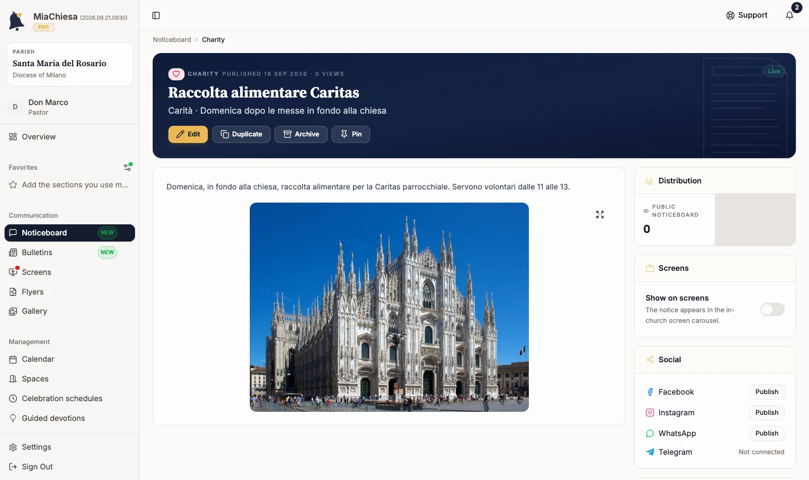 Social card with the Facebook row and the Publish command