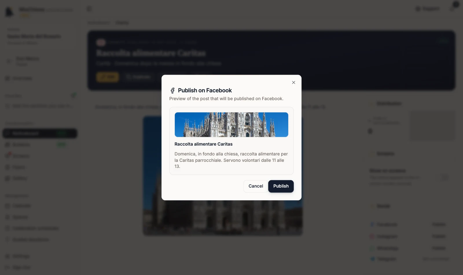 Publish on Facebook preview with the Cancel and Publish commands