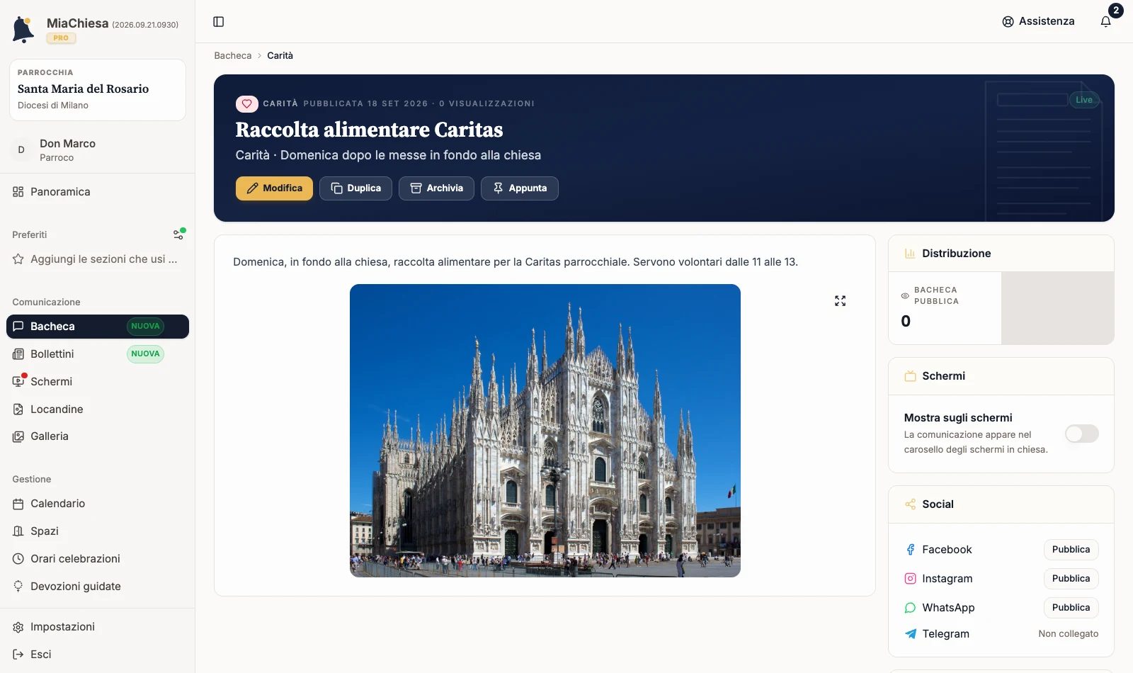 Scheda Social con la riga Facebook e il comando Pubblica