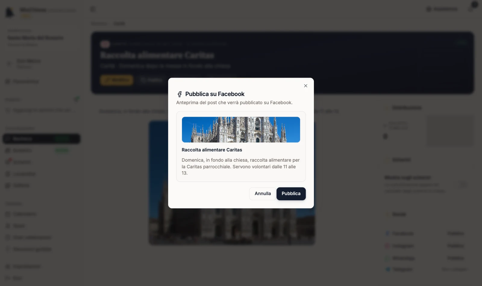 Anteprima Pubblica su Facebook con i comandi Annulla e Pubblica