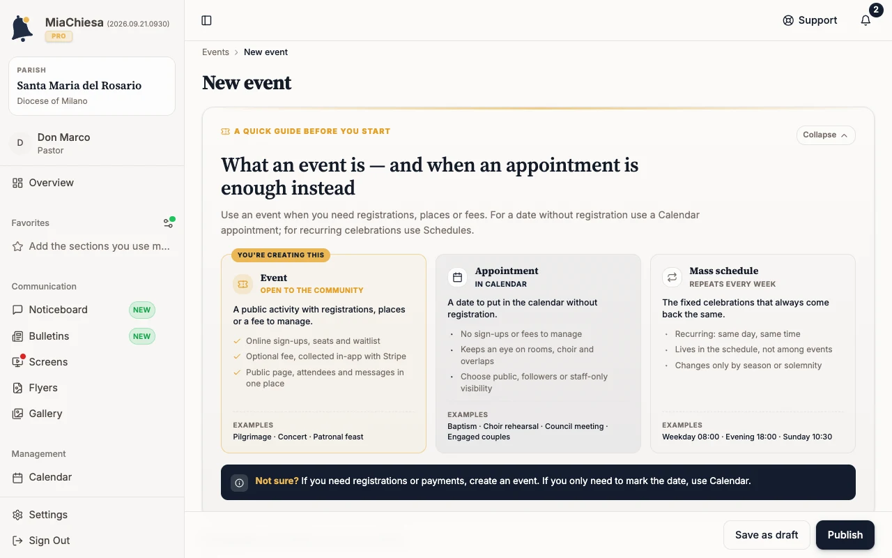 New event introduction comparing an event, appointment, and Mass schedule