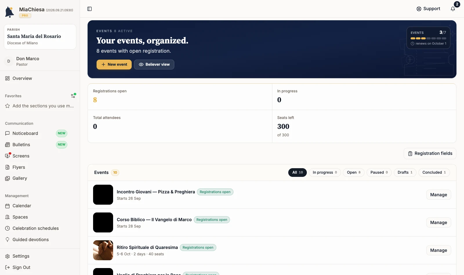 Create and publish an event: Open a new event