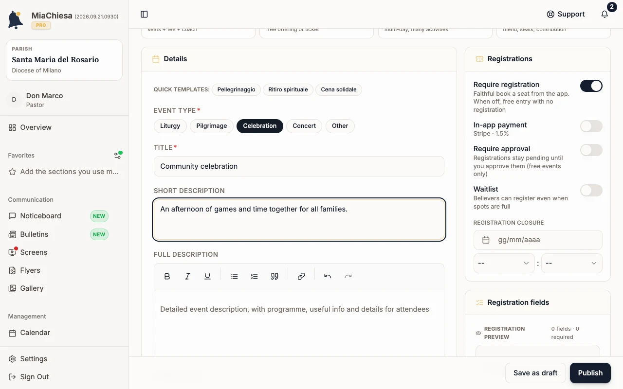 Event form with a completed title and description
