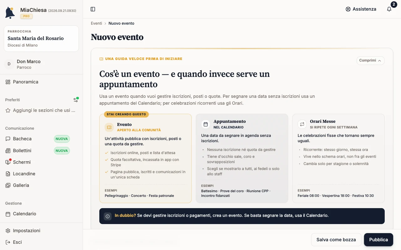 Introduzione Nuovo evento con confronto tra evento, appuntamento e orari Messe