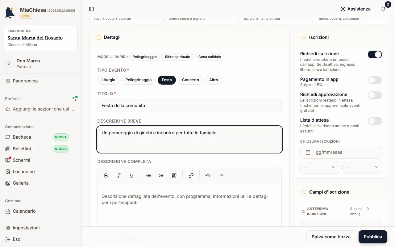 Modulo dell’evento con titolo e descrizione compilati