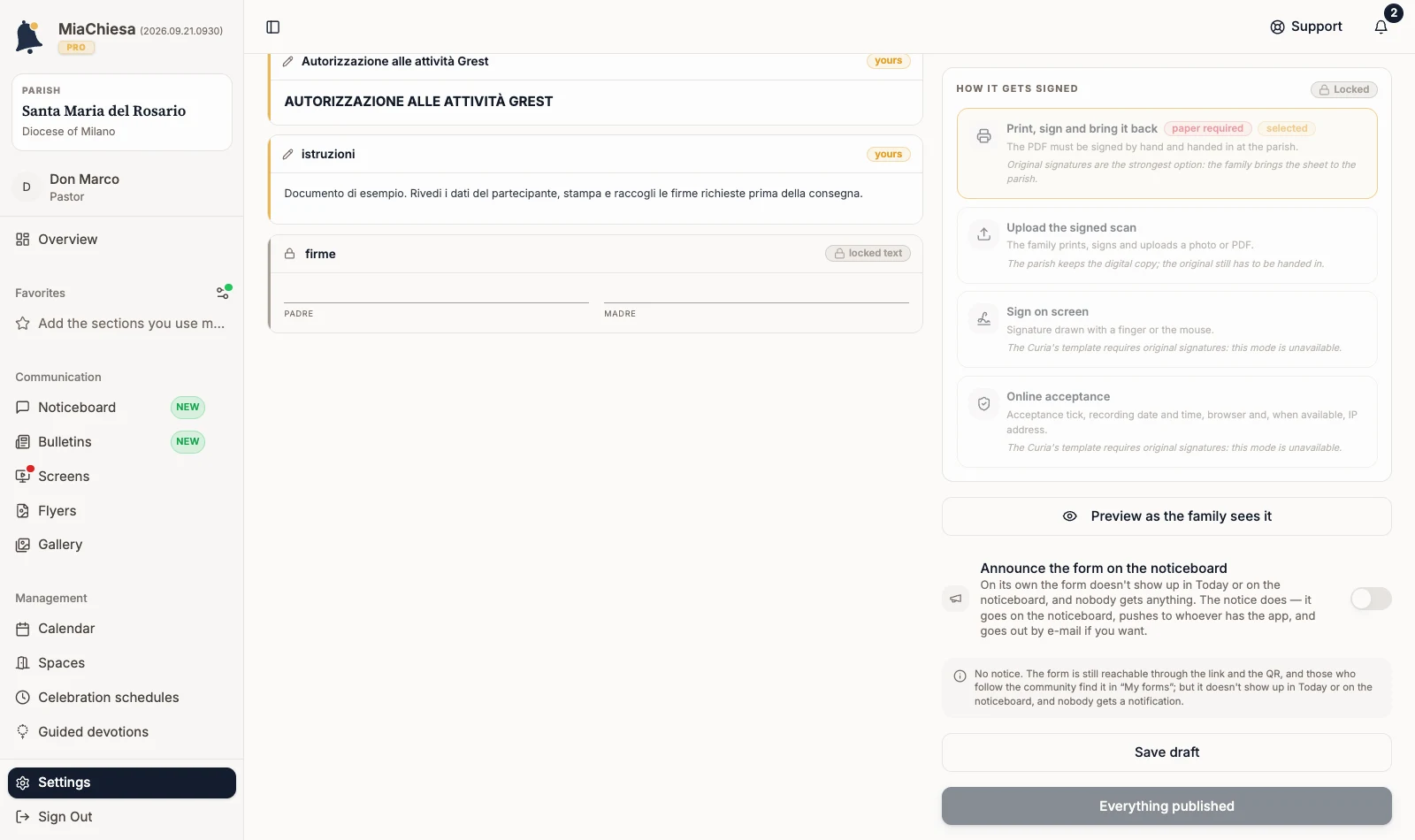 Editor with the Announce the form on the noticeboard option