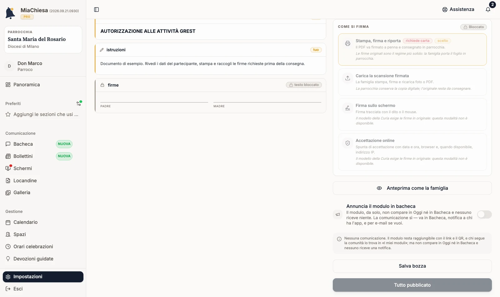 Editor con l’opzione Annuncia il modulo in bacheca