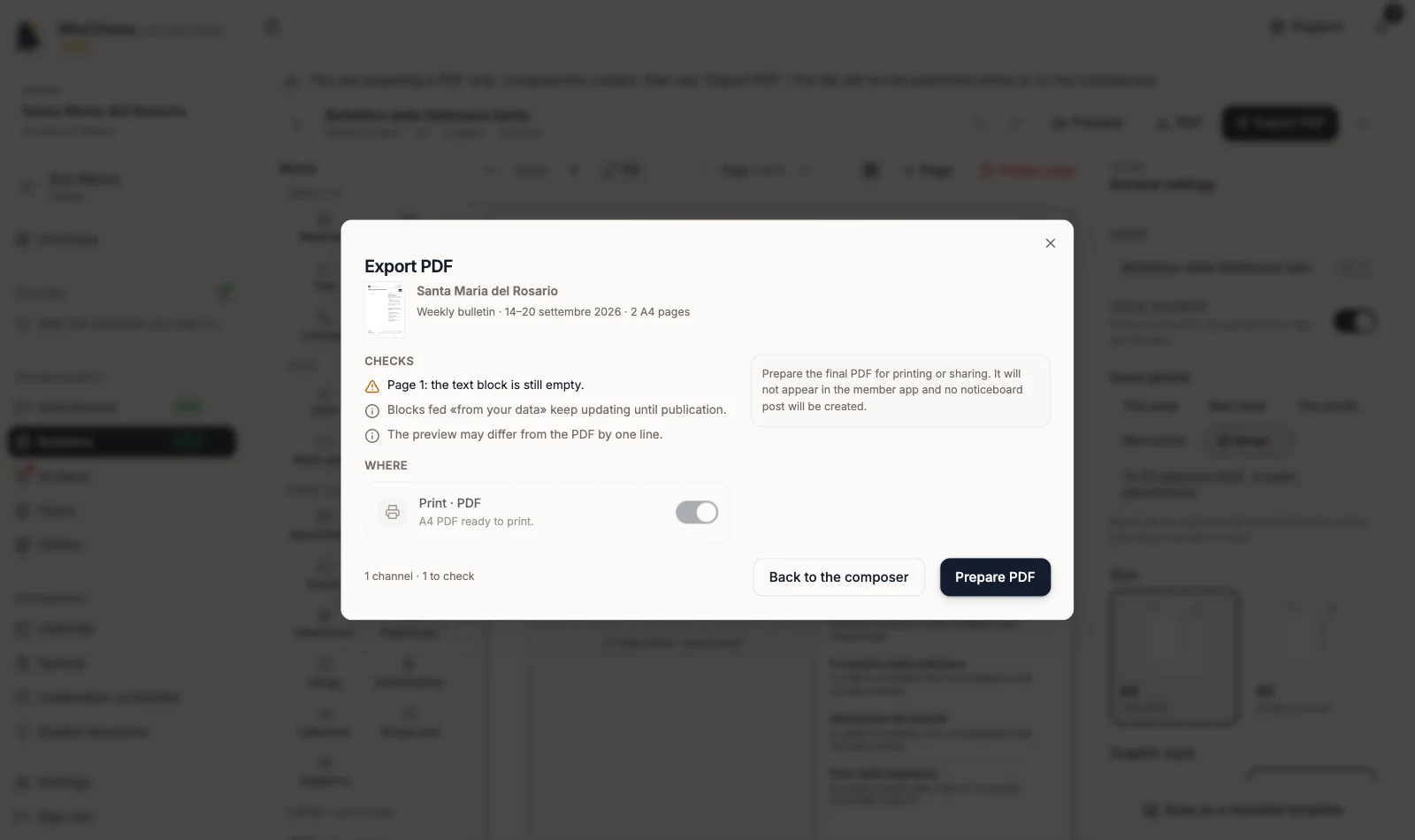 Export PDF dialog with checks and the Prepare PDF button