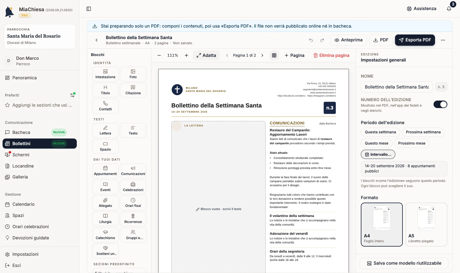 Compositore del bollettino in modalità solo PDF