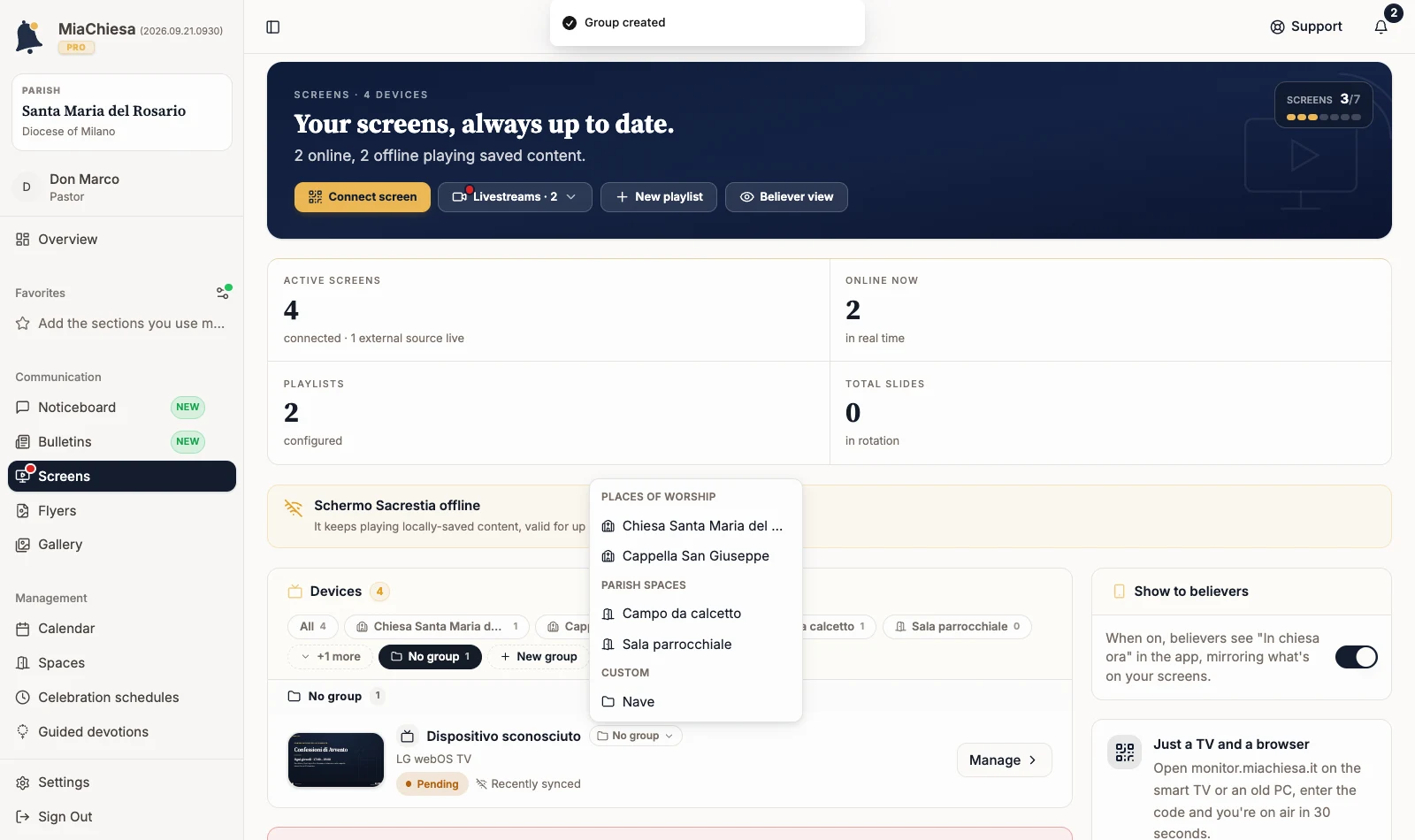 A screen’s group menu with the Custom section