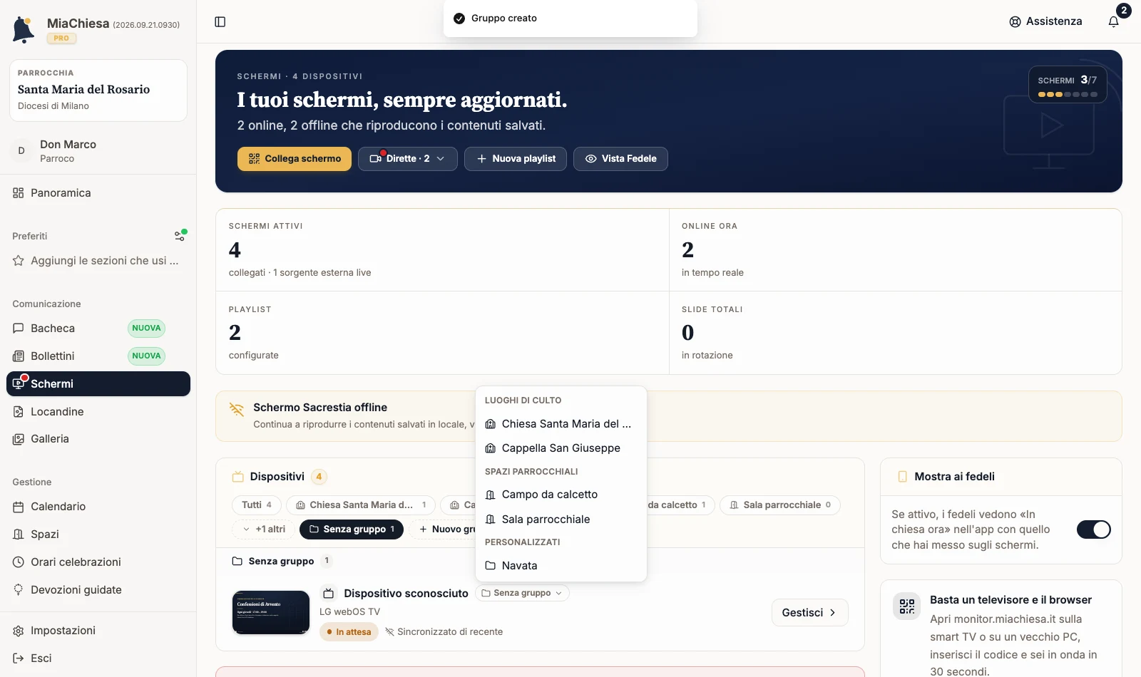 Menu del gruppo di uno schermo con la sezione Personalizzati