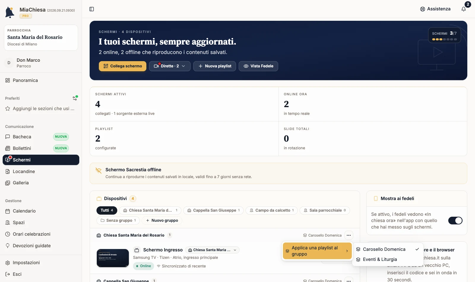 Menu Azioni sul gruppo con l’elenco delle playlist