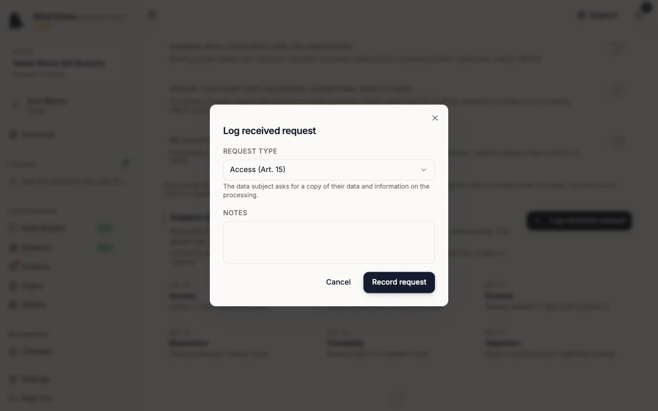 Log received request dialog with Request type