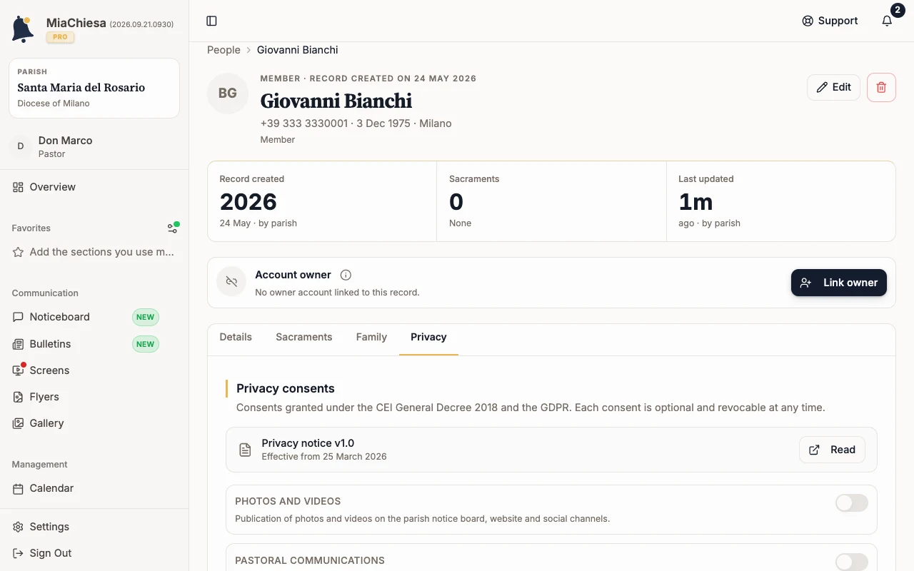 Privacy tab with the consents and the Pastoral communications switch
