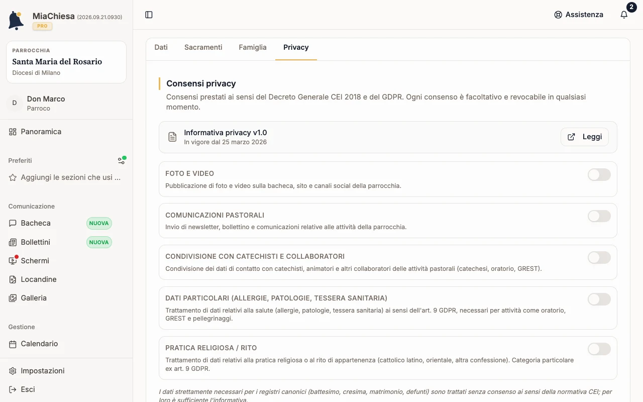 Scheda Privacy con i consensi e l’interruttore Comunicazioni pastorali
