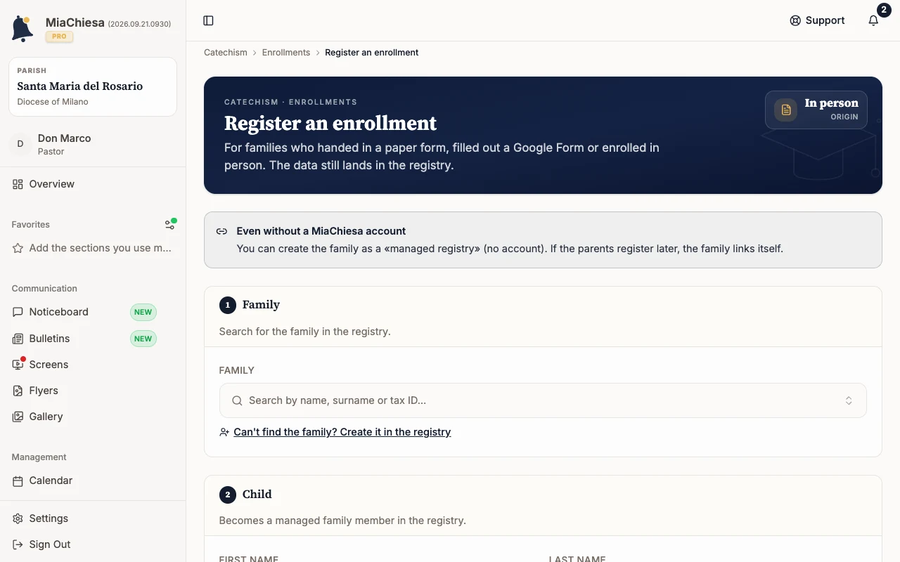 Register an enrollment with the In person origin shown at the top