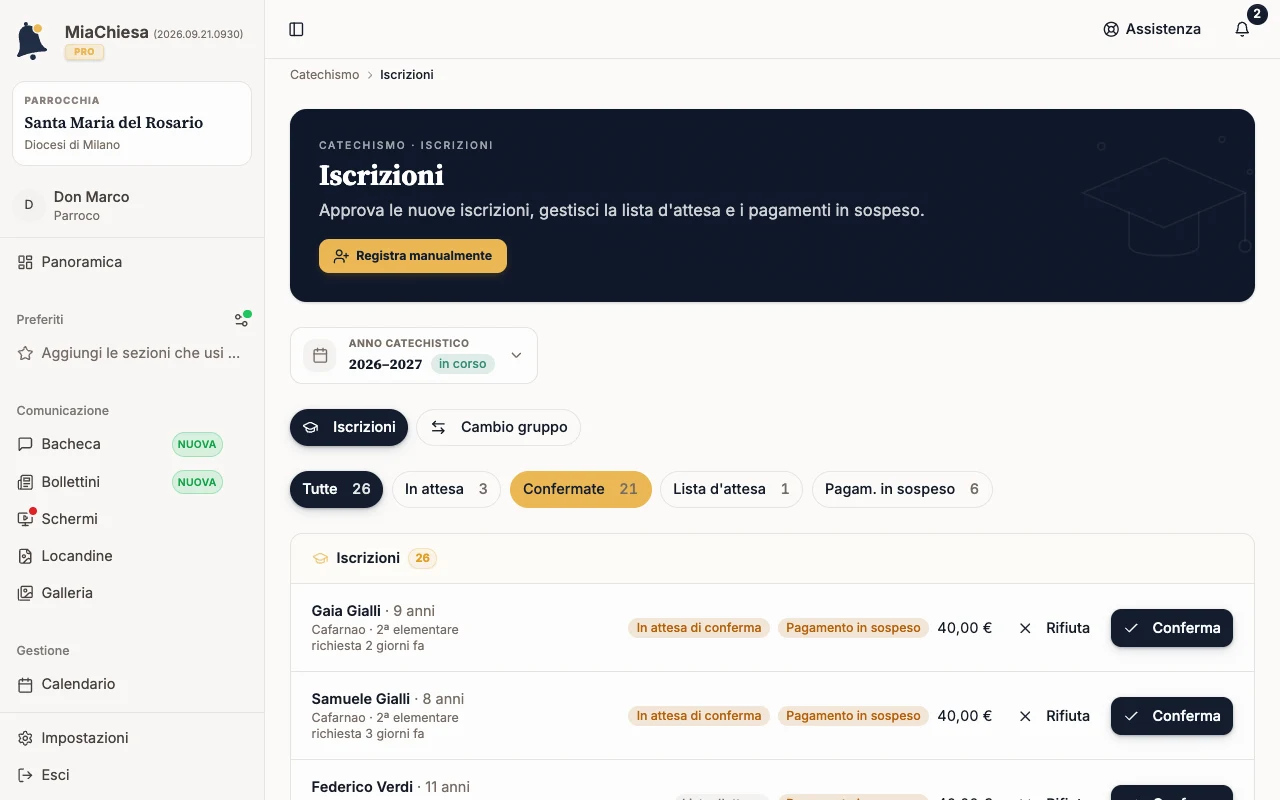 Pagina Iscrizioni con il comando Registra manualmente