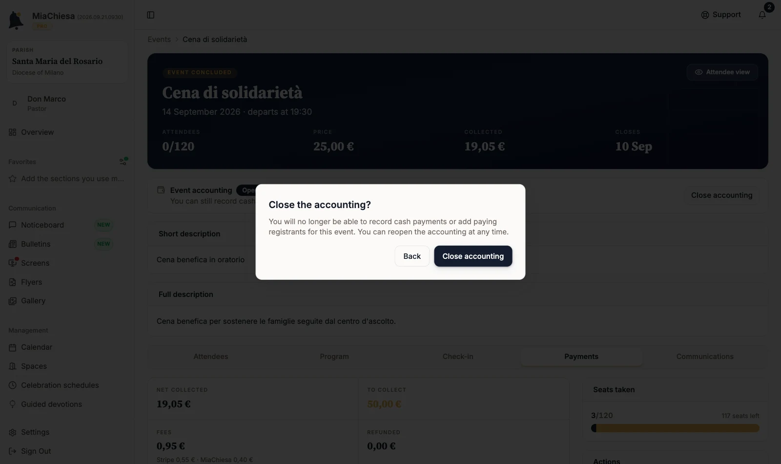 Close the accounting? window for an ended event