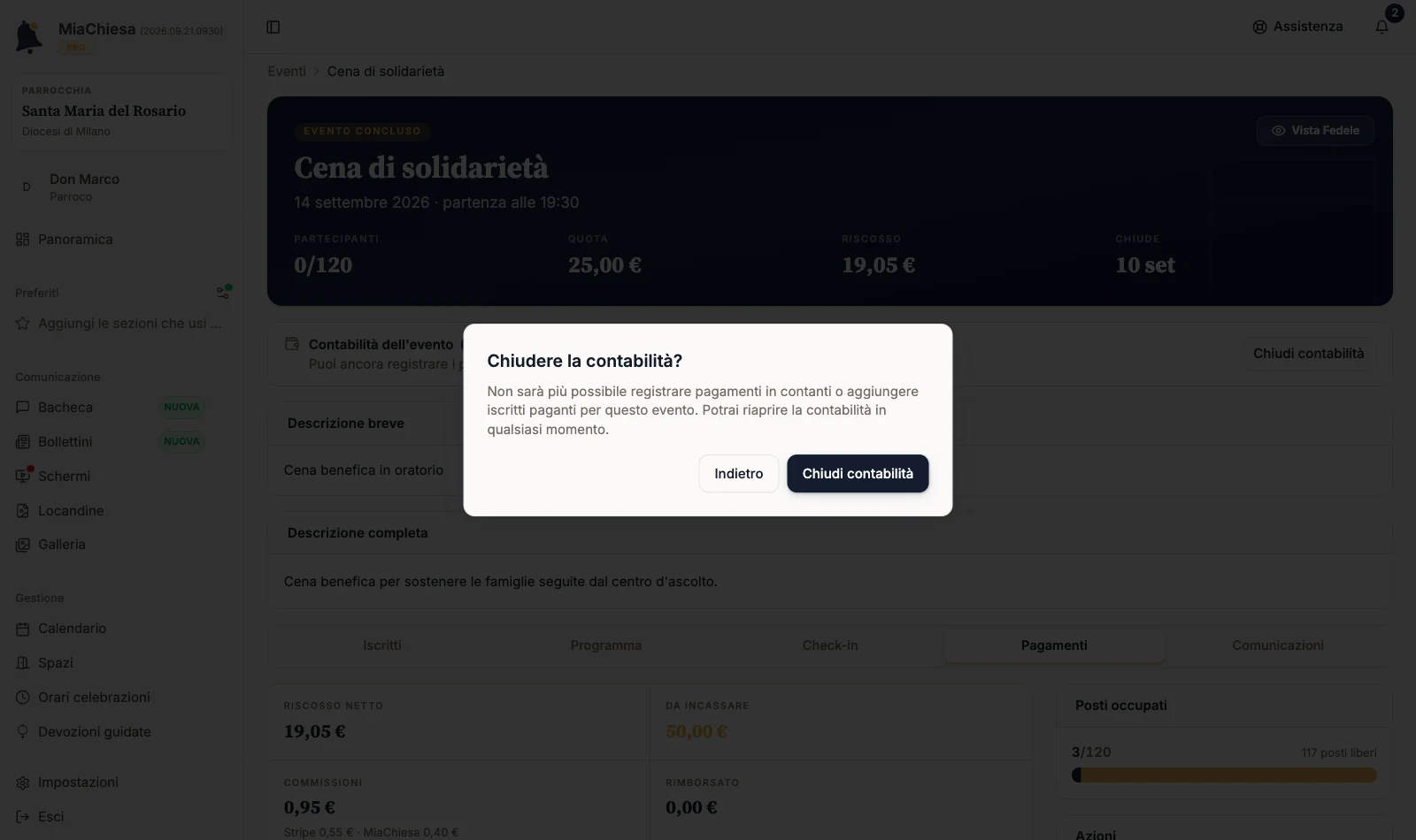 Finestra Chiudere la contabilità? di un evento concluso