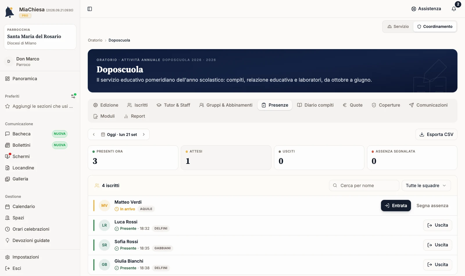 Registro Presenze con contatori e iscritti del giorno