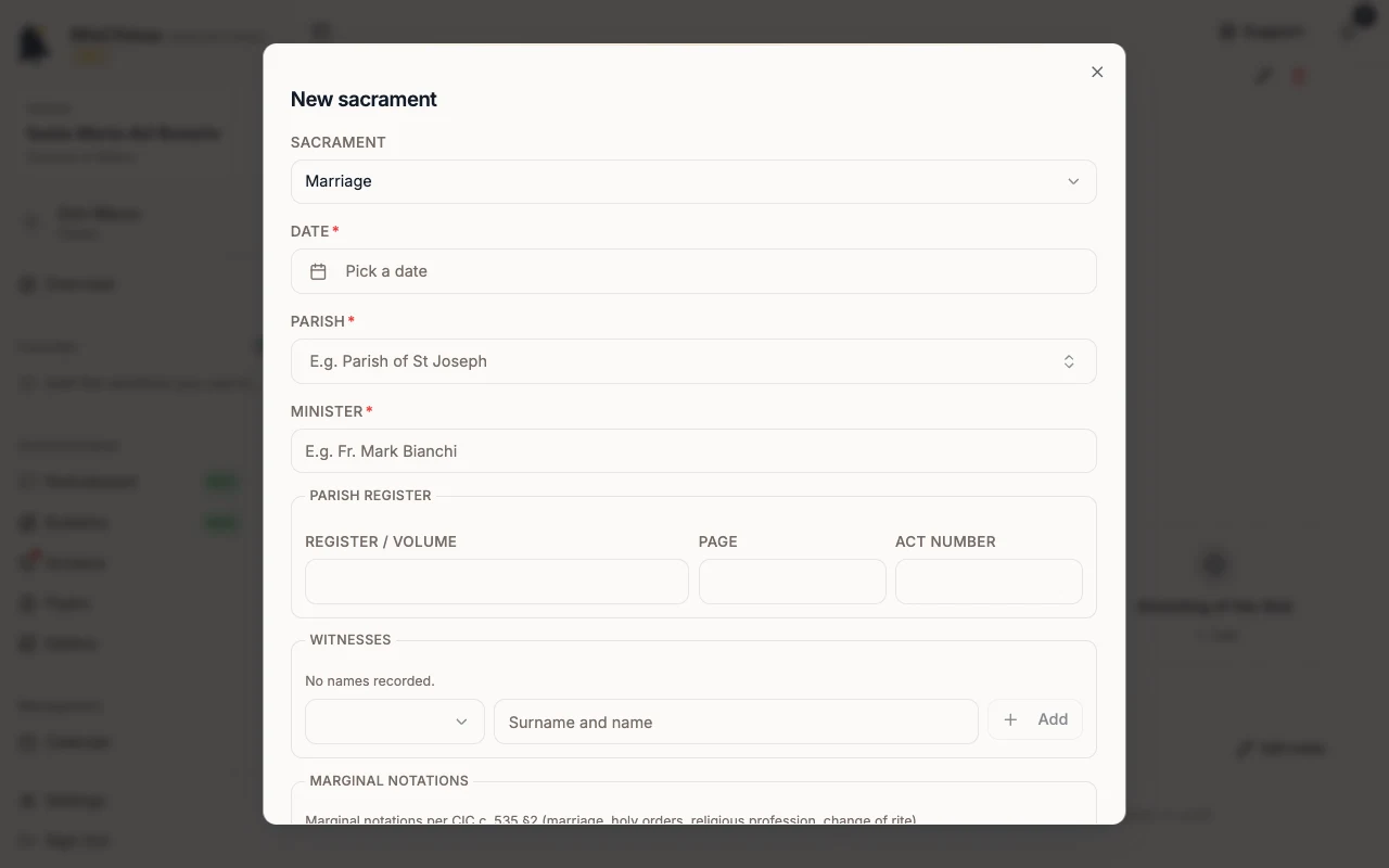 New sacrament dialog with the Minister field