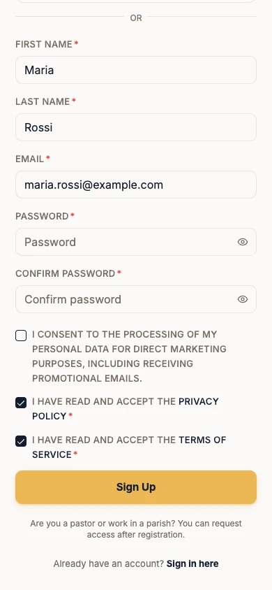 Sign-up form filled in with Privacy Policy and Terms of Service accepted