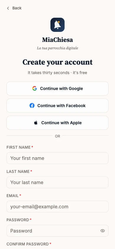 Create your account page with the Continue with Google, Facebook and Apple buttons