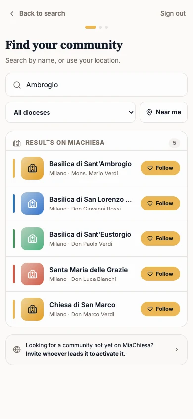 Find your community search with the Follow button next to a basilica