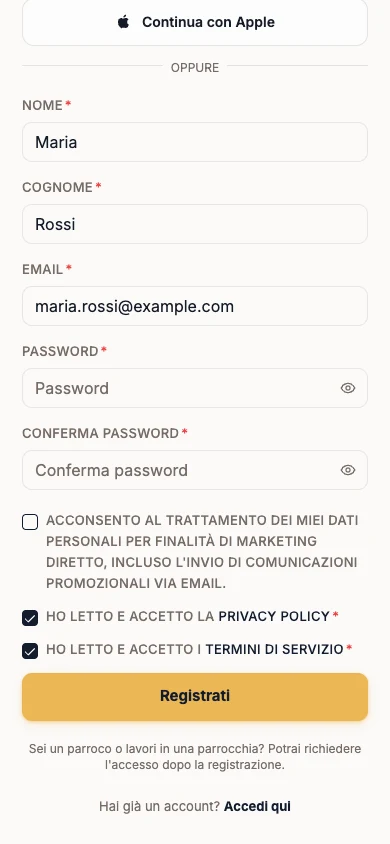 Modulo di registrazione compilato con Privacy Policy e Termini di Servizio accettati