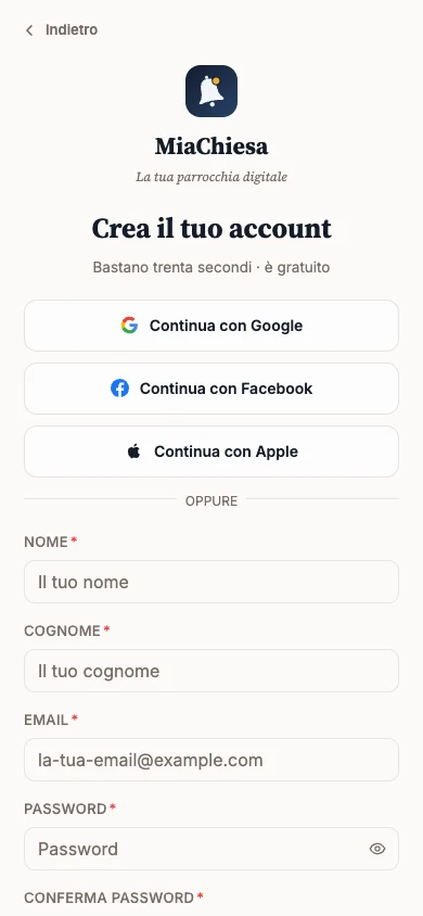 Pagina Crea il tuo account con i pulsanti Continua con Google, Facebook e Apple