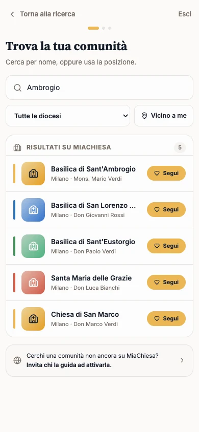 Ricerca Trova la tua comunità con il pulsante Segui accanto a una basilica