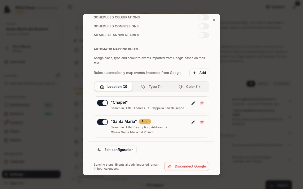 Automatic mapping rules with the Location, Type and Color tabs