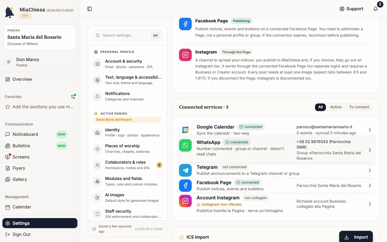 Integrations page with the connected Google Calendar row