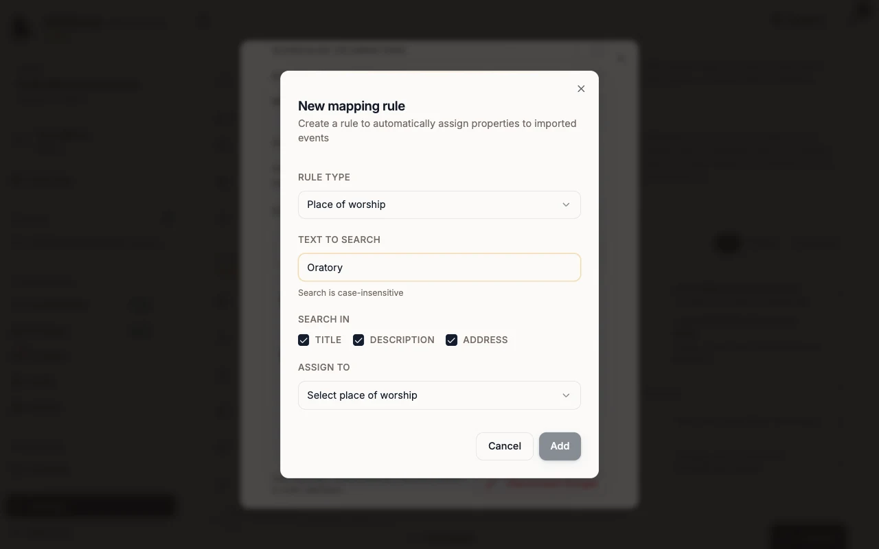 New mapping rule dialog with Text to search and Search in