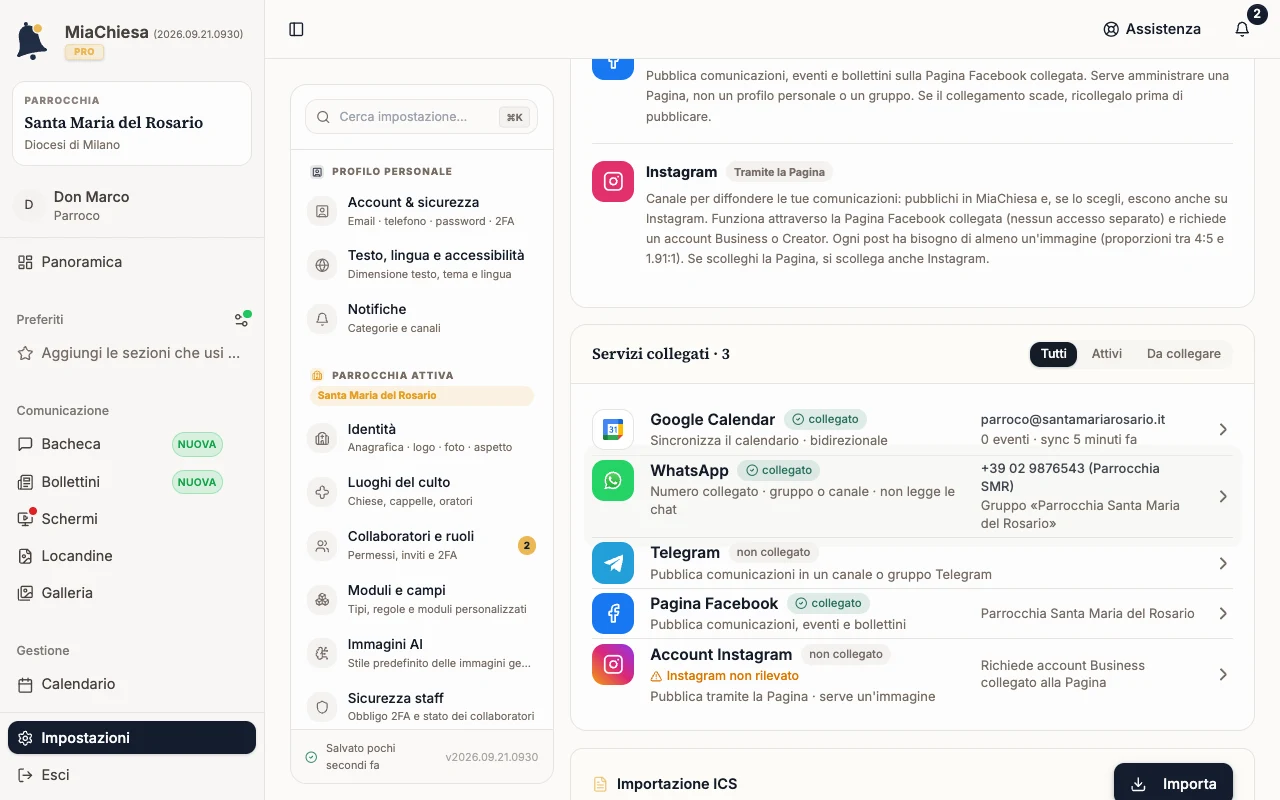 Pagina Integrazioni con la riga Google Calendar collegato