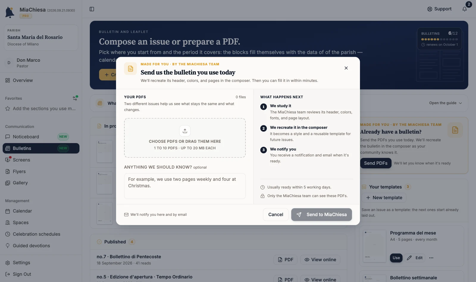 Request dialog with PDF drop area and optional note