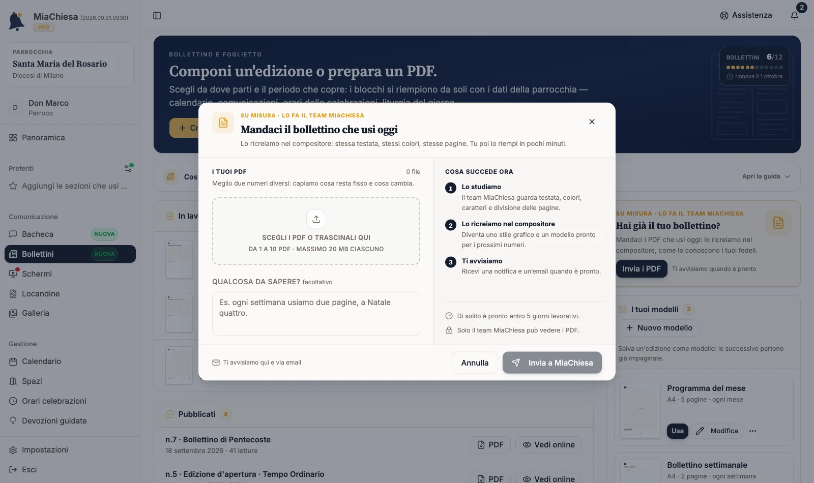 Finestra della richiesta con area PDF e nota facoltativa
