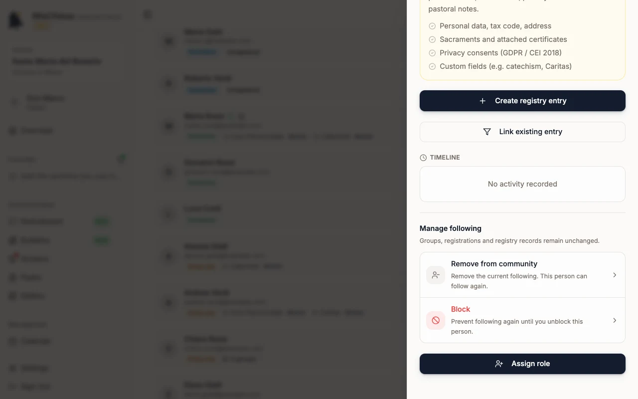 Profile open at the Manage following section with Remove from community highlighted